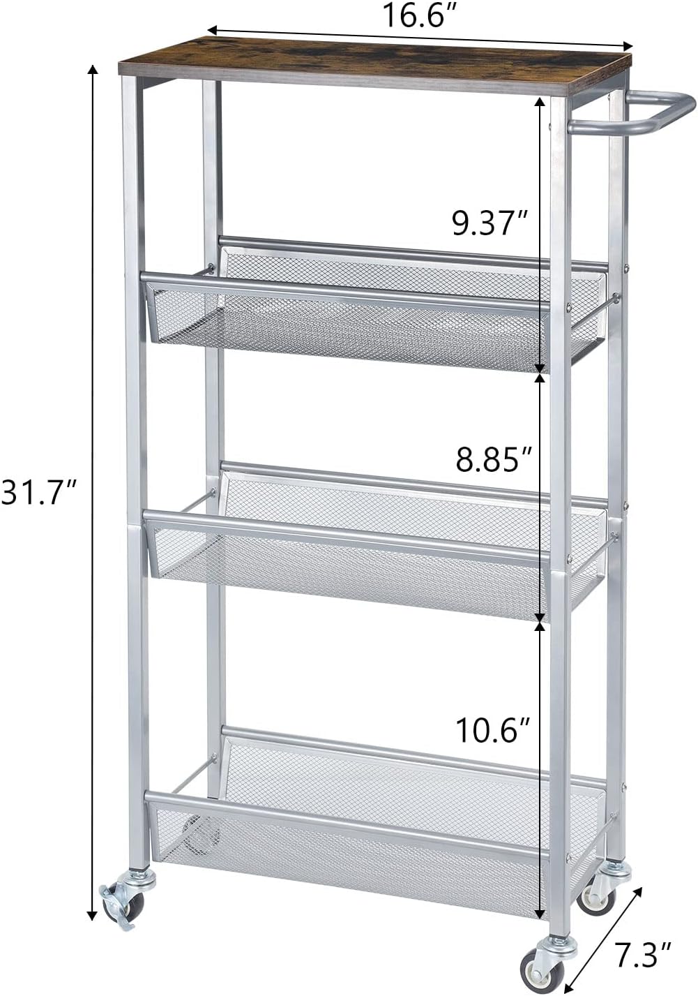 NANANARDOSO 4 Tier Slim Storage Cart, Shelving Unit for Small Space, Rolling Storage Cart with Wooden Top and Metal Handle for Narrow Space on Kitchen, Bathroom, Laundry Room, Black.