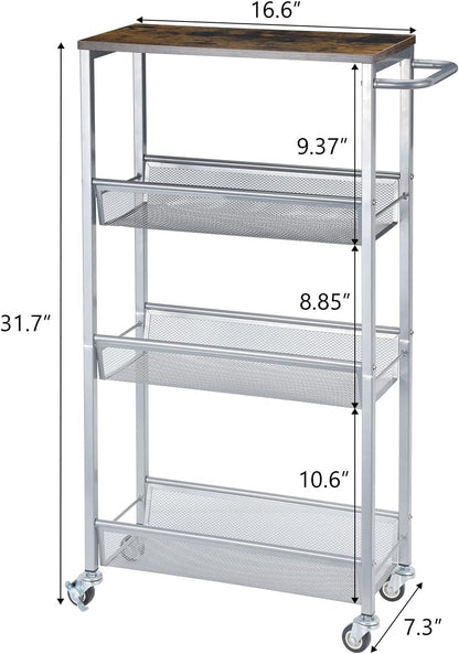 NANANARDOSO 4 Tier Slim Storage Cart, Shelving Unit for Small Space, Rolling Storage Cart with Wooden Top and Metal Handle for Narrow Space on Kitchen, Bathroom, Laundry Room, Black.