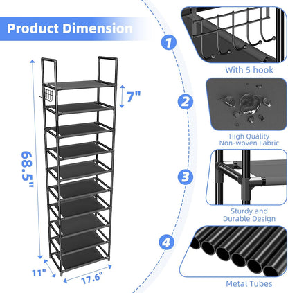 Simple Trending Tall Shoe Rack Storage Holds 40 Pairs, 10 Tier Shoe Organizer Shelf Large Capacity for Entryway Closet, Black