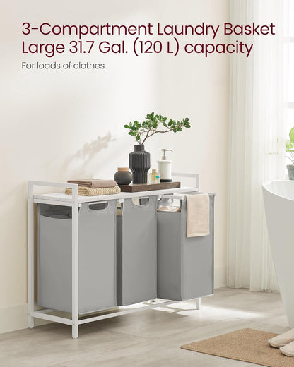 VASAGLE Laundry Hamper, Laundry Basket Sorter with 3 Pull-Out and Removable Bags, Shelf, Metal Frame, 3 x 10.6 Gallons (40 L), 36.4 x 13 x 28.4 Inches, Cappuccino Beige and Natural Beige UBLH301LH01