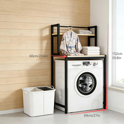 Over The Washer Storage Shelf, Space-Saving Laundry Organizer, Sturdy Metal Frame with Natural Wood Shelves, No Drilling, Ideal for Laundry Room, Bathroom, Balcony(White,Two Layers)