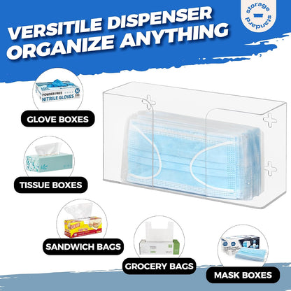 Storage Standard Glove Box Holder Dispenser - Kitchen, Medical, & Latex Gloves Holder Wall Mount or Countertop, Universal Fit - Thick Acrylic, Easy to Use, Slide, & Load Open Top Design - Clear