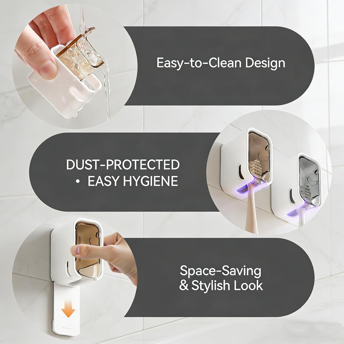 3 Pack Wall Mounted Toothbrush Holder with Lid - Adhesive No-Drill, Clear Acrylic Dust-Proof Cover, Electric Toothbrush Holder Set, Bathroom Organizer for Family Travel