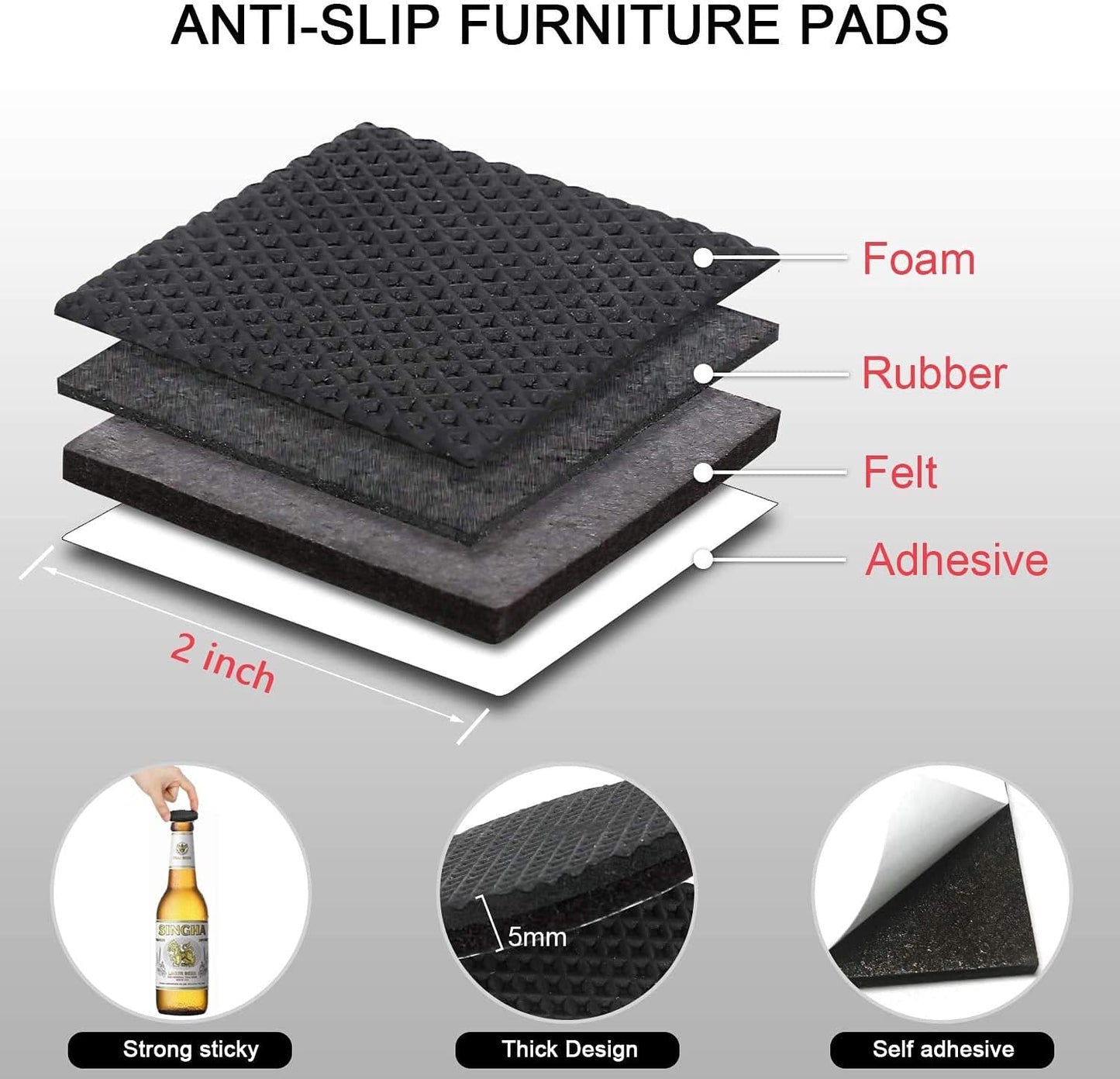 Yelanon Non Slip Furniture Pads -56 pcs（1+2）” Furniture Grippers, Non Skid Furniture Legs,Self Adhesive Rubber Furniture Feet, Anti Slide Furniture Hardwood Floor Protector for Keep Couch Stoppers