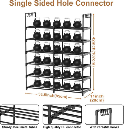 3 Row 4 Tier Long Shoe Rack, Black Metal Stackable Shoe Shelf with Multifunctional Hooks, Shoe Storage Hold 24-30 Pairs, Space Saving Shoe Organizer for Closet,Wide Shoe Rack