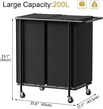 Double Laundry Hamper with Wheels,200L Rolling Laundry Basket 2 Section with Lid,Steel Frame Laundry Cart with Handle and Removable Bags,Dirty Clothes Hamper for Laundry Room,Dorm,Black