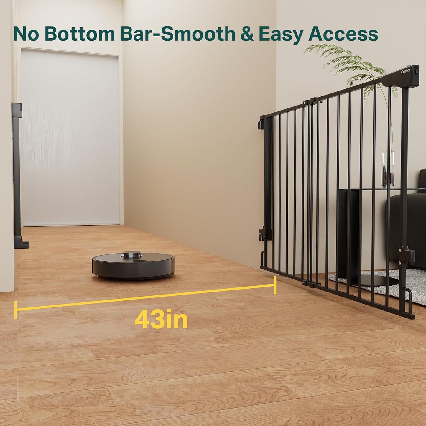 Cumbor 29.2–43" Baby Gate for Stairs, Hardware Mounted (Drill Required), Expandable No Bottom Bar Dog Gate, Auto Close Extra Wide Walk Thru, Pet & Toddler Proof Gate, Top & Bottom of Stairways (White)