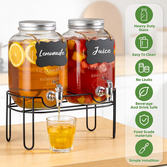 2 Gallon Glass Drink Dispensers For Parties，Lemonade Beverage Dispenser With Stand And Spigot For BBQ, Picnic, Party,Laundry Detergent Dispenser