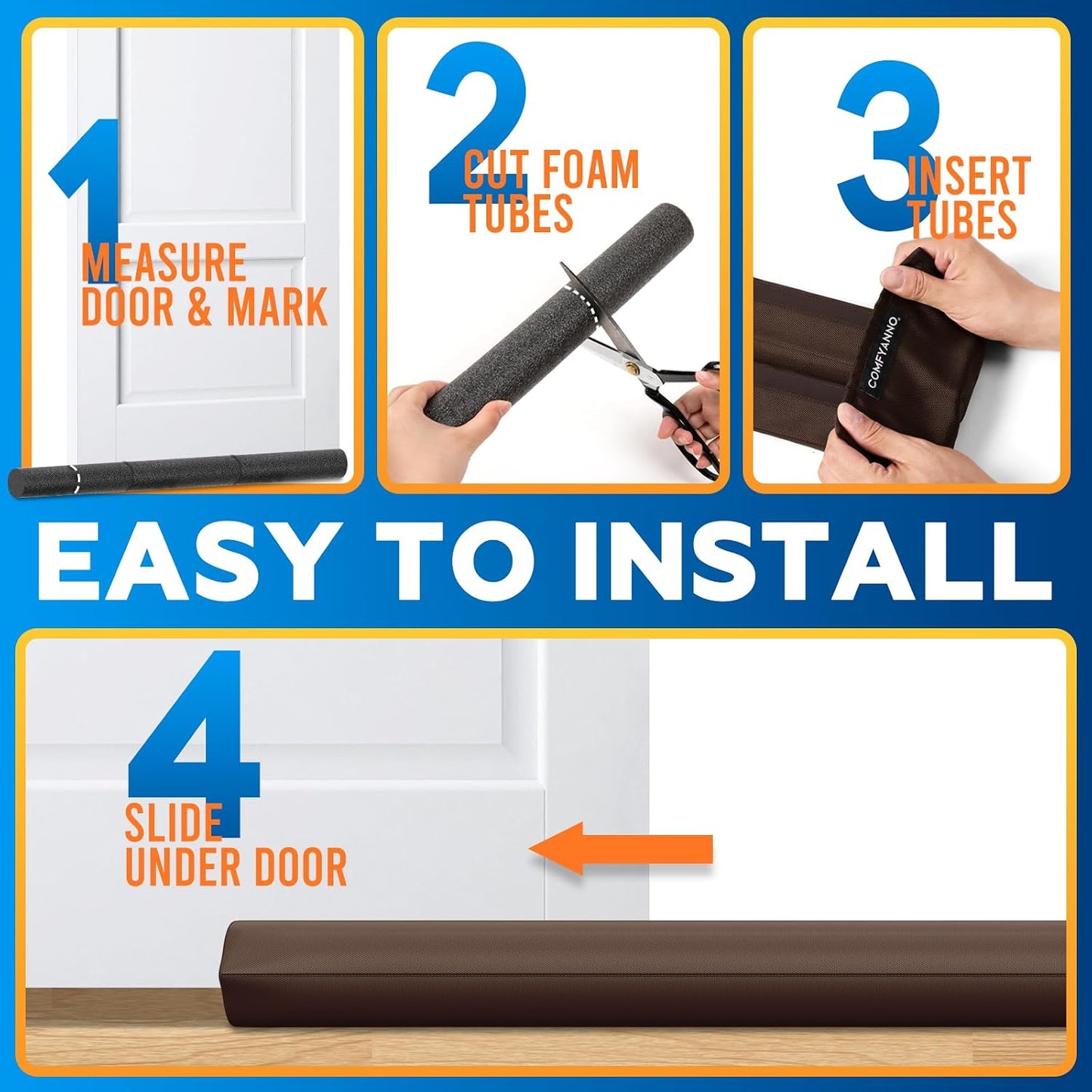 Comfyanno Under Door Draft Stopper - Bottom Door Seal & Gap Filler- Fits 30” to 36” Door, Block Noise, Sound, Air, Bugs, Dust, Easy to Install, Double Side Block, No Adhesive, Black