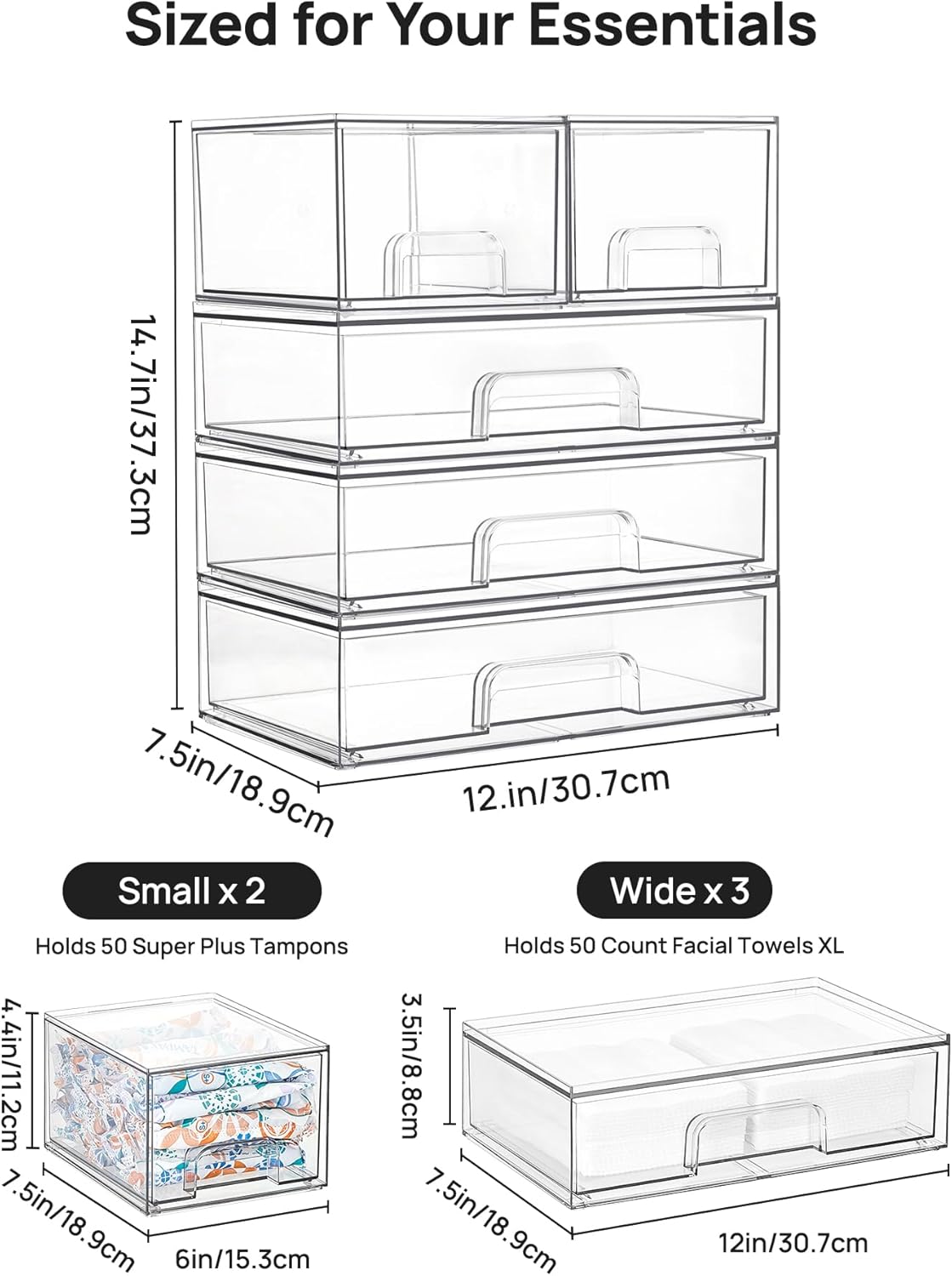 Vtopmart Stackable Storage Drawers Set of 5, Clear Plastic Organizer Bins for Baby Bottle, Beauty Supplies Storage, Ideal for Kichen Countertop, Vanity, Bathroom, Cabinet, Pantry Organization