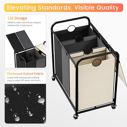 180L (47.55 Gal) Laundry Sorter 3 Section, Rolling Laundry Basket with Lockable Wheels and Lid, Laundry Hamper with 3 Separated Removable Bags Dirty Clothes Hamper for Laundry Room Organizer, Black