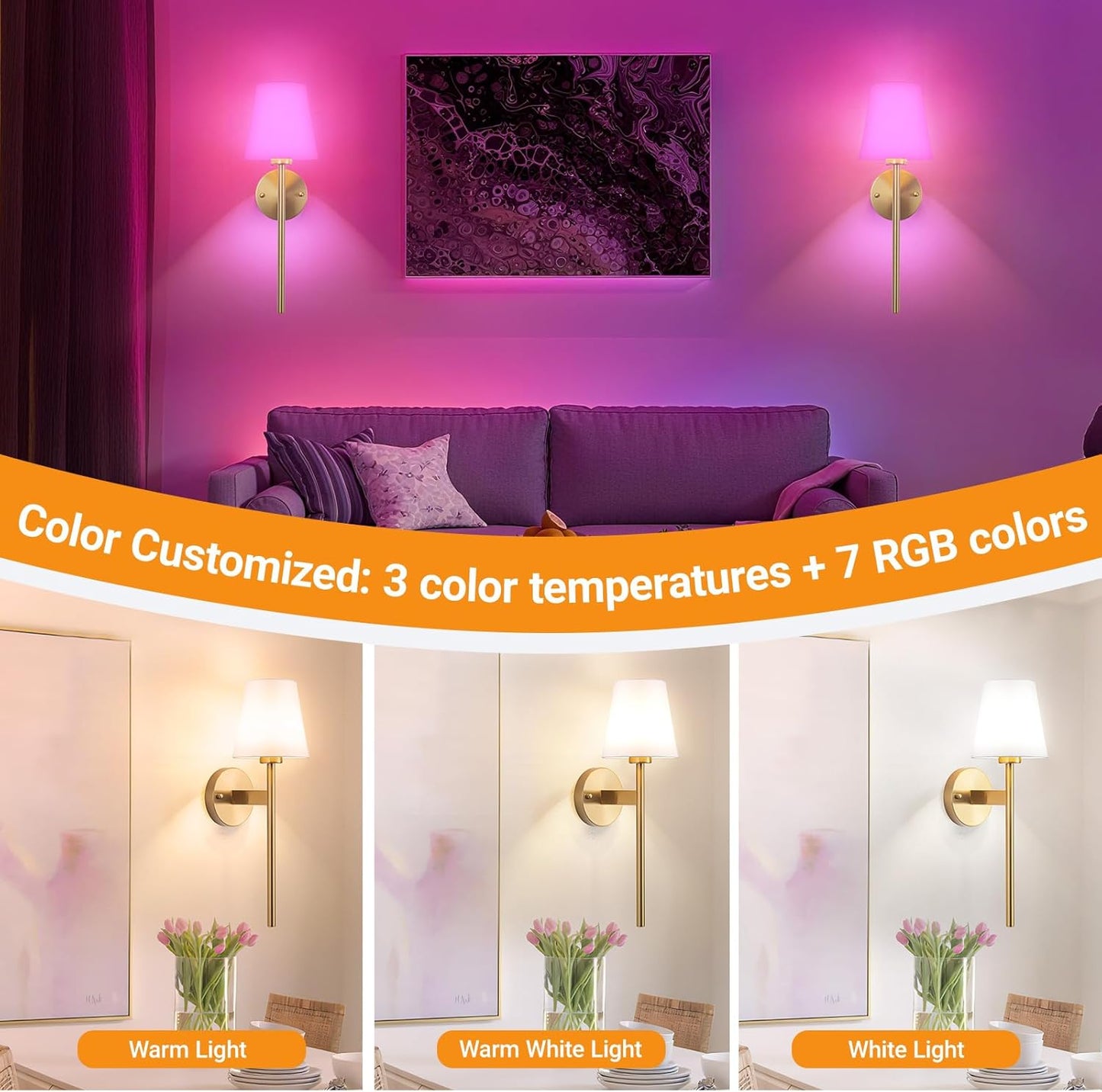 Nekhung Battery Operated Wall Sconces Set of Two, Wireless Battery Wall Light with 10000mAh RGB Dimmable Magnetic Bulb and Remote, Rechargeable Sconce Wall Decor for Bedroom Living Room Hallway