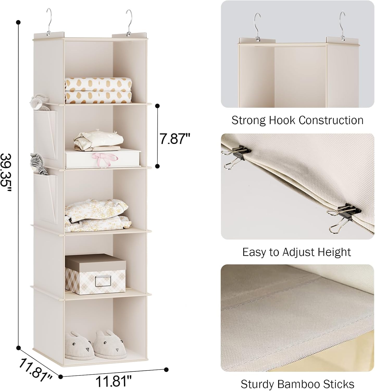 YOUDENOVA Hanging Closet Organizer, 4-Shelf Closet Hanging Storage Shelves, Grey