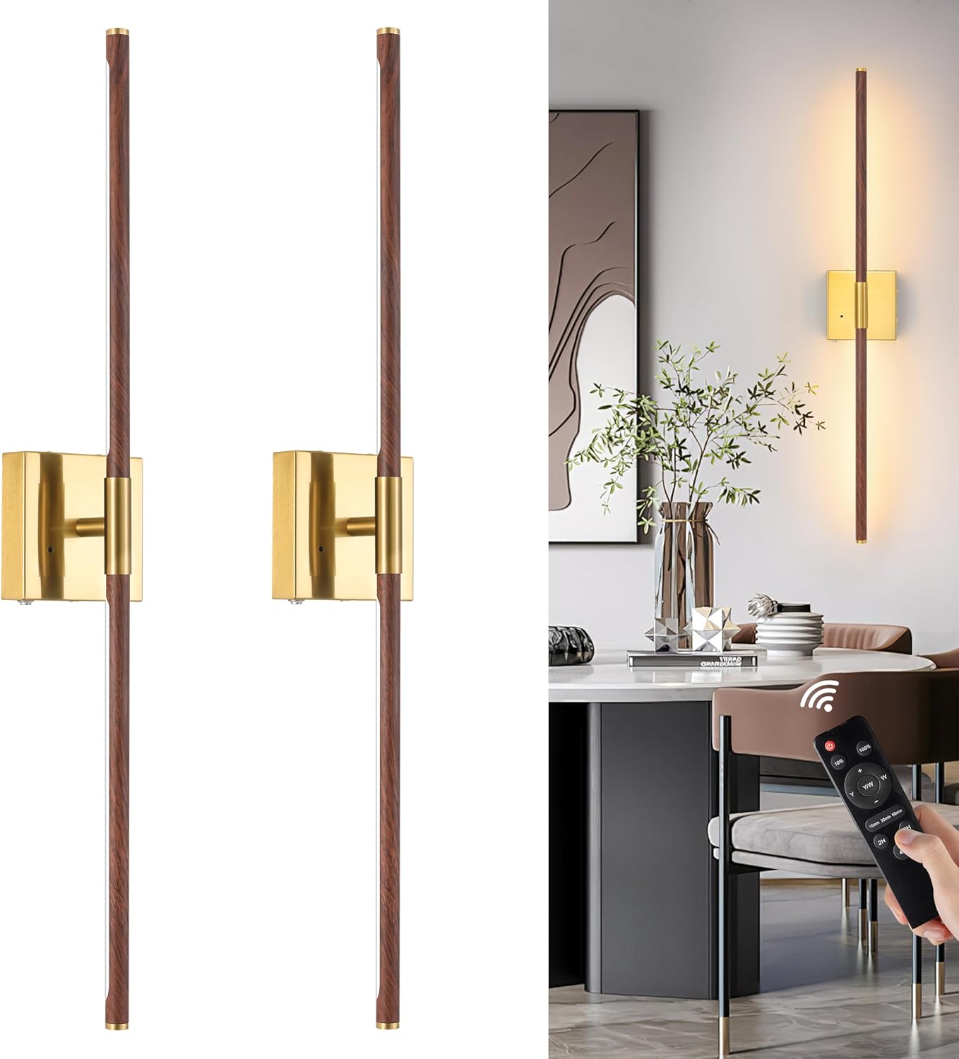 Morauroral Battery Operated Wall Sconces Set of 2, 10000mAh Rechargeable Sconces, 3000K-6000K Dimmable LED Wall Lamp with Remote, 24 Inch Black Gold Wireless Wall Lights for Bedroom, Living Room
