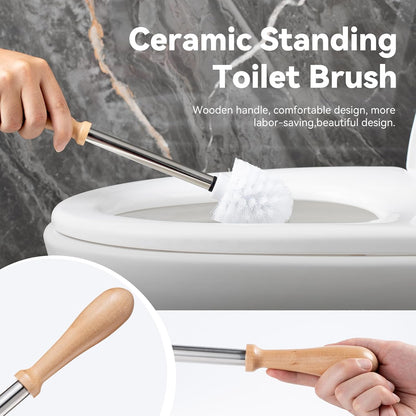 Toilet Brush and Holder Set, Ceramic Turtle Base Toilet Brush Set - 7.5” Bowl Cleaner, Toilet Scrubber Brush with Ergonomic Handle (Silver)