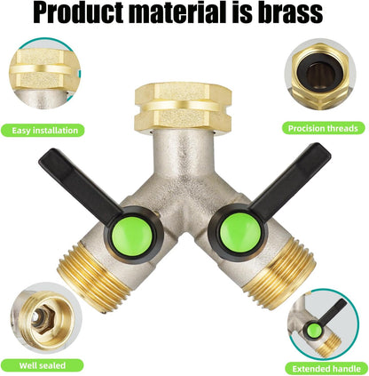 EJW Hose Splitter 2 Way, Garden Hose Splitters, 2 Way Faucet Splitter, Water Spigot Splitter, RV Brass Hose Splitter, Two way Hose Bib Splitter, Double Hose Connector, Hose Valve 3/4 Inch GHT Thread.