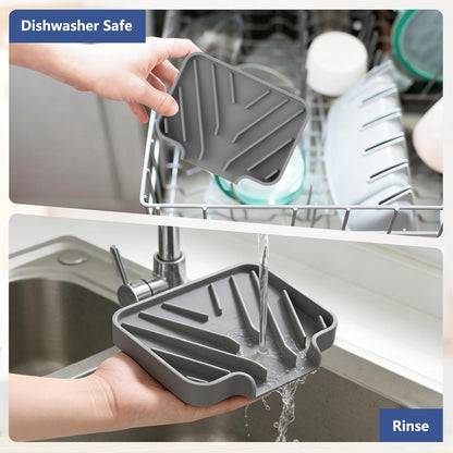 JACZZO Silicone Sponge Holder for Kitchen Sink, (10x4 In) Sink Caddy with Drain Spout, Self Draining Soap Tray & Organizer, Kitchen Accessories,Bathroom Organizer, Easy to Clean (Grey)