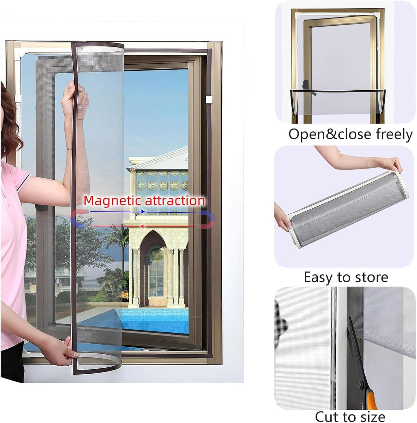 Magnetic Window Screen DIY Adjustable Window Mesh Screen Replacement Window Net Fits up to 32"x 23" White Frames with Fiberglass Mesh