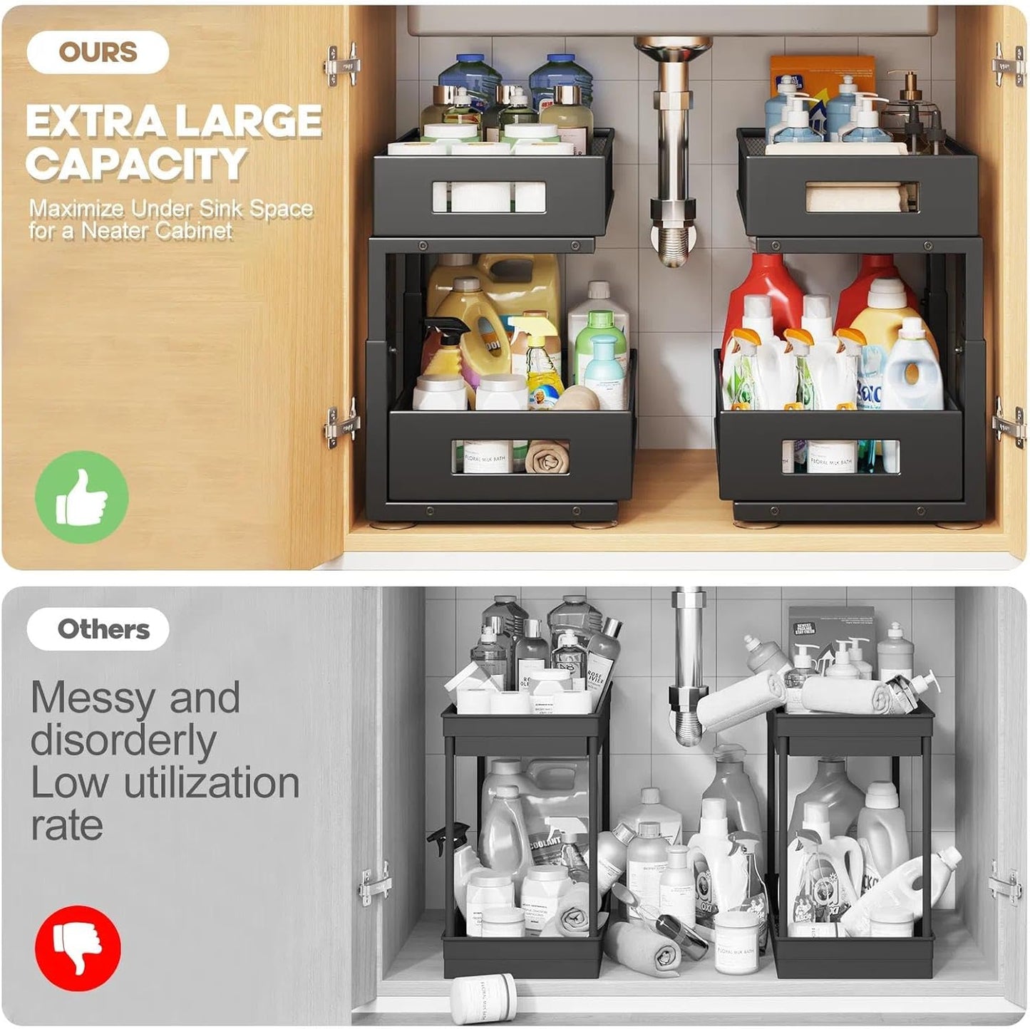 Under Sink Organizer, 2-Tier Dual Pull Out Cabinet Organizer Drawers With Smooth Circular Rail, Large Capacity Metal Mesh Sliding Shelves For Bathroom& Kitchen Storage,Height Adjustable–White,2 Packs