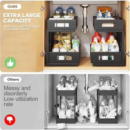 Under Sink Organizer, 2-Tier Dual Pull Out Cabinet Organizer Drawers With Smooth Circular Rail, Large Capacity Metal Mesh Sliding Shelves For Bathroom& Kitchen Storage,Height Adjustable–White,2 Packs