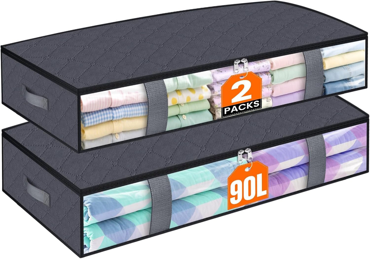 TasticTotes Under Bed Storage Containers, 4 Pack Blanket Storage Bags, Collapsible Storage Bags with Big Zippers, Clear Front, Shoe Storage and Organization for Clothes, Comforter, 60L, Grey