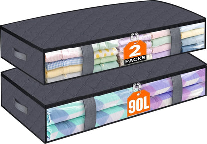 TasticTotes Under Bed Storage Containers, 4 Pack Blanket Storage Bags, Collapsible Storage Bags with Big Zippers, Clear Front, Shoe Storage and Organization for Clothes, Comforter, 60L, Grey