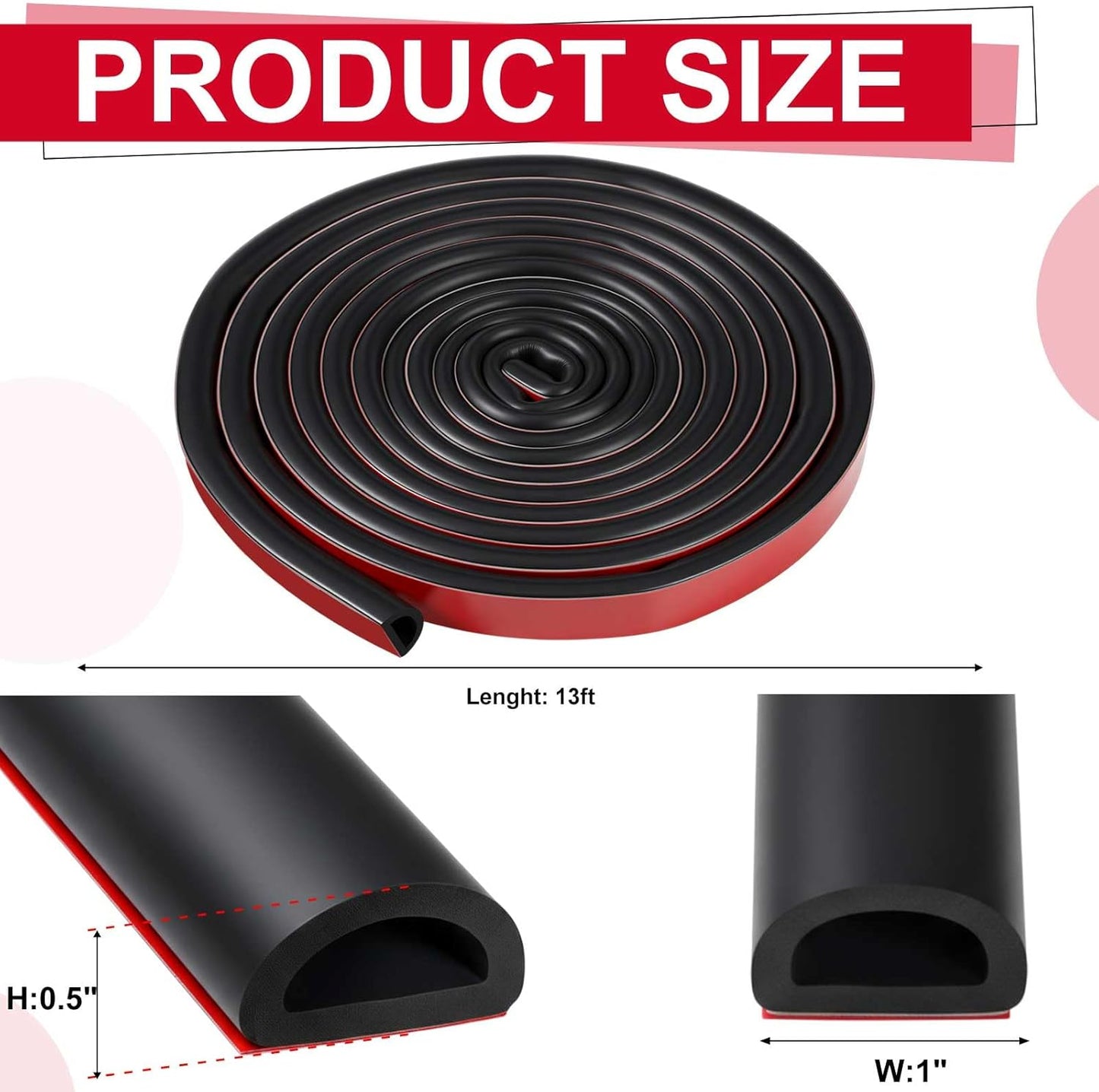 Pangda 13ft Foam Rubber D Shape Seal Strip 1" W x 0.5" H Self Adhesive EPDM Rubber Weather Stripping RV Slide Out Seal Heavy Duty Automotive Weather Stripping for Car Truck RV Boat Home