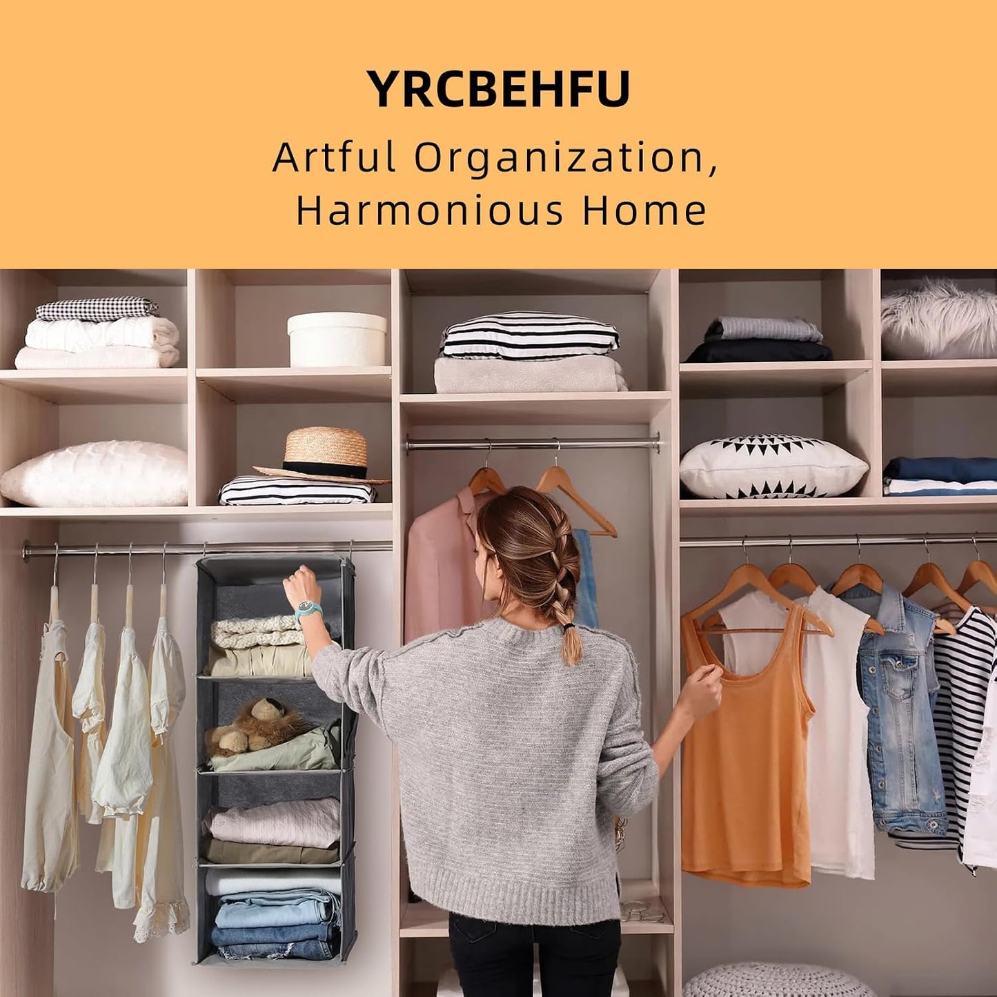 2 Packs Hanging Closet Organizer, 4-Shelf Closet Organizers and Storage with Side Pockets, Collapsible Hanging Shelves for Closet & RV & College Dorm,Beige