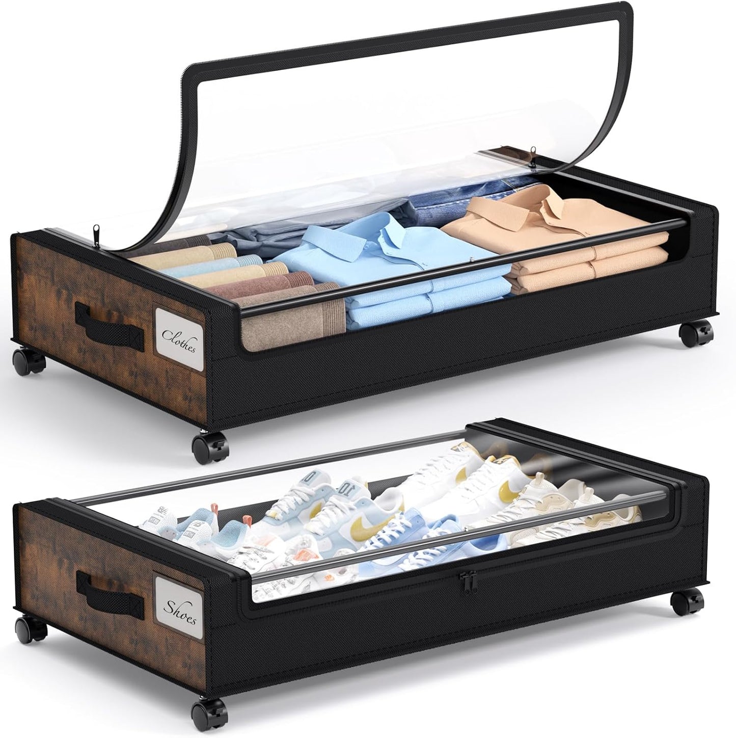 Yecaye Under Bed Storage with Wheels, 2 Pack Under Bed Storage Containers, 60L Underbed Shoe Storage with Clear Window & Label, Rolling Under Bed Metal Drawer for Clothes, Shoes, Books, Blankets