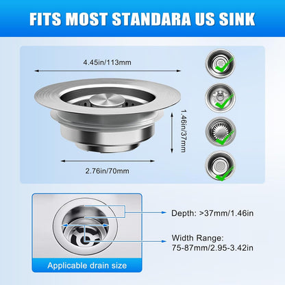 Kitchen Sink Drain Strainer 3-in-1,Pop-Up Stopper & Anti-Clogging Basket - 304 Stainless Steel Sink Strainer Anti-Clogging Sink Drain Strainer for US Standard Kitchen Drain