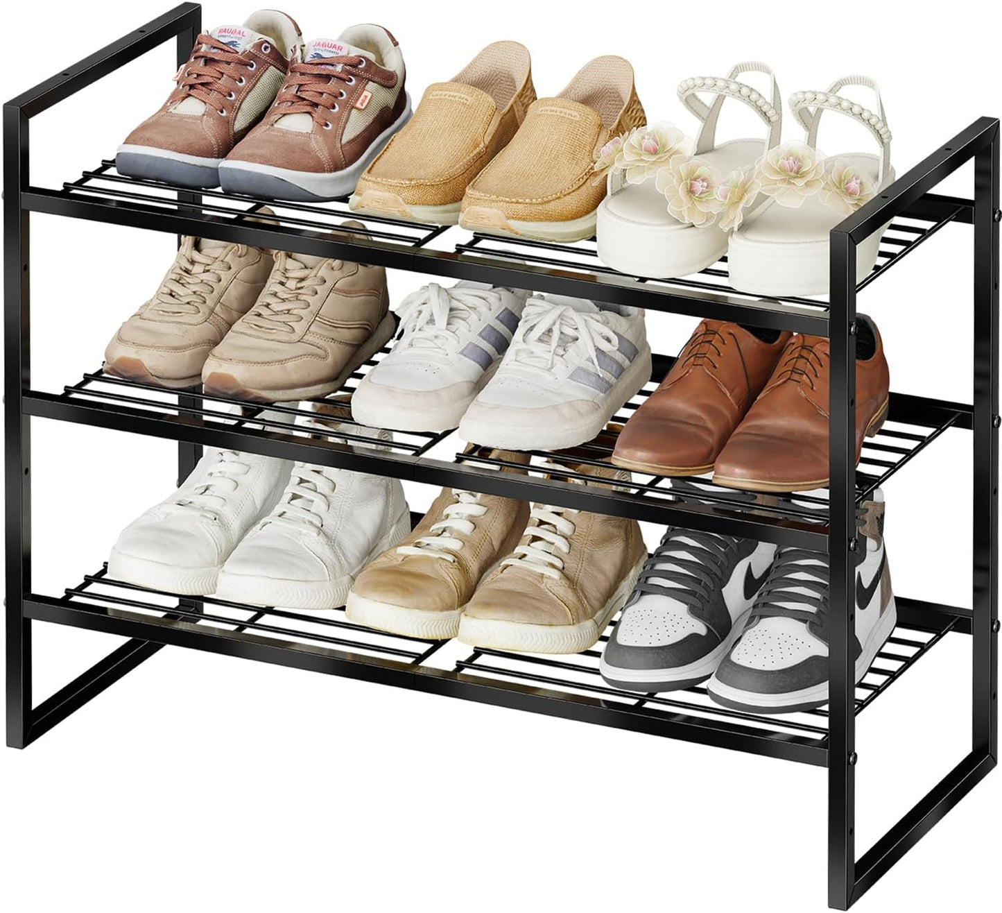 5-Tier Wide Shoe Rack, Metal Shoe Organizer for Closet, Stackable Freestanding Shoe Storage Shelf with Sturdy Wire Grid, Large Capacity Durable Shoe Rack for Entryway Bedroom, Black