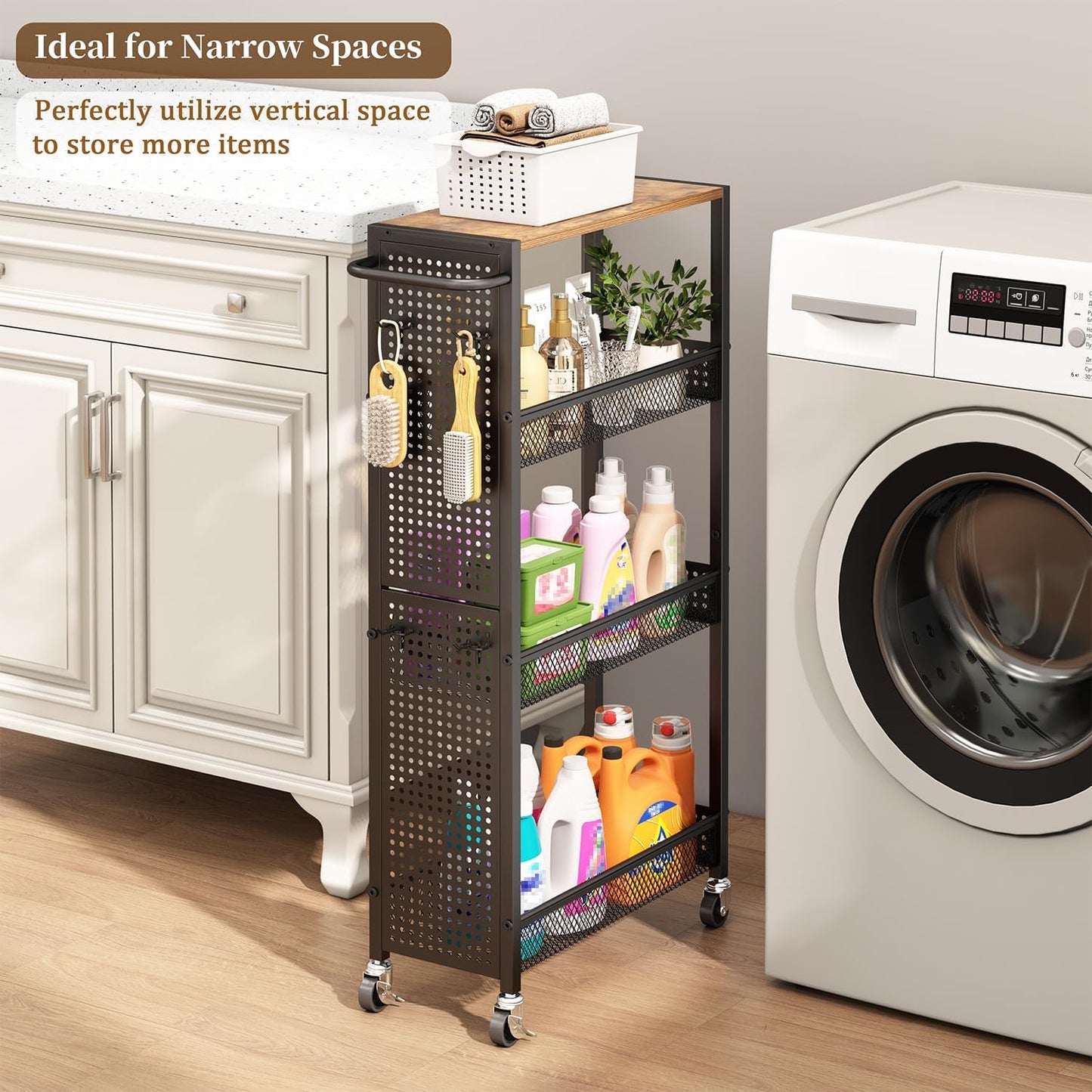 Utility Slim Storage Cart 4 Tier Small Rolling Kitchen Laundry Room Organization Cart with Wood Top Metal Narrow Laundry Room Shelves Cabinet Unit Laundry Organizer Trolley with Handle for Small space