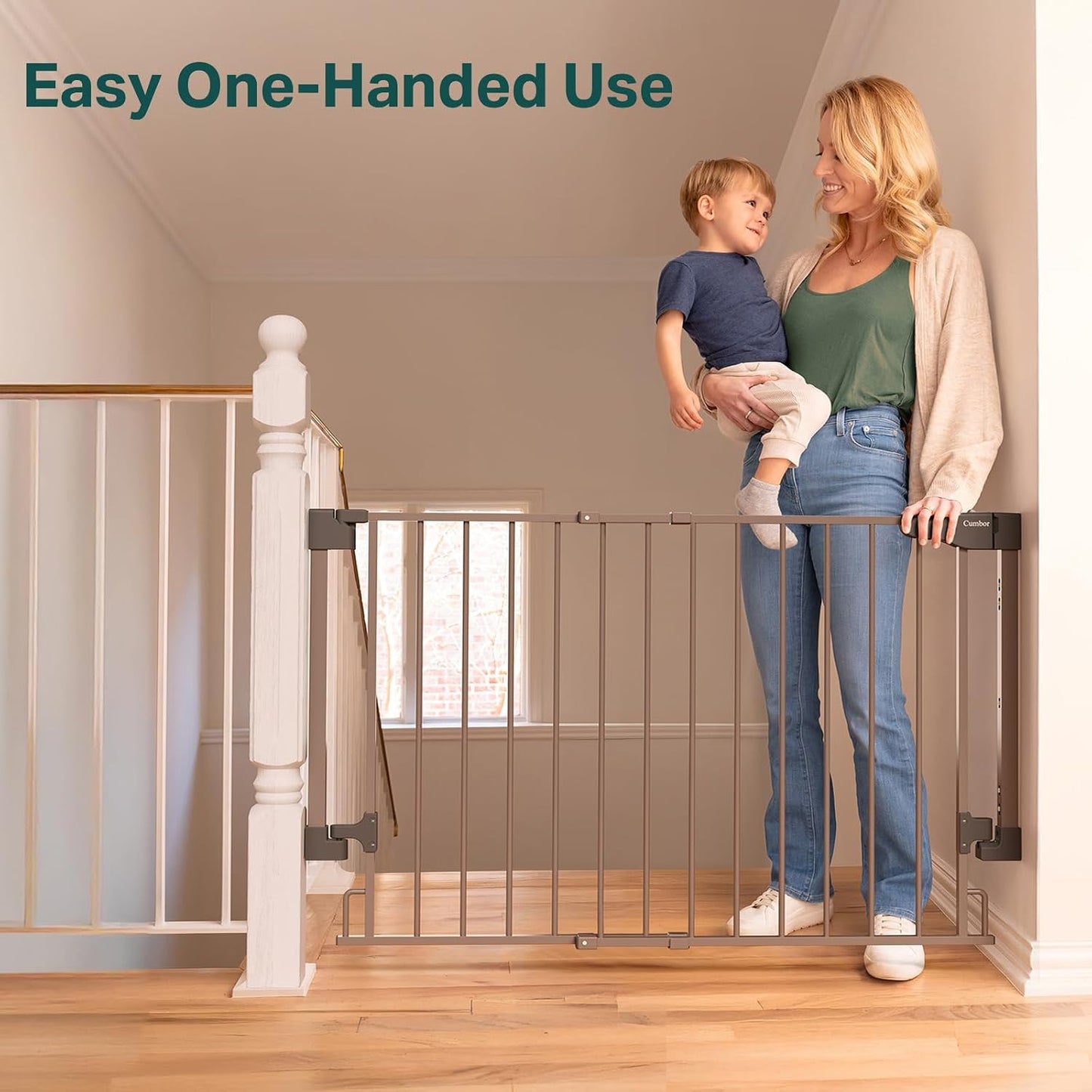 Cumbor 29.2–43" Baby Gate for Stairs, Hardware Mounted (Drill Required), Expandable No Bottom Bar Dog Gate, Auto Close Extra Wide Walk Thru, Pet & Toddler Proof Gate, Top & Bottom of Stairways (White)