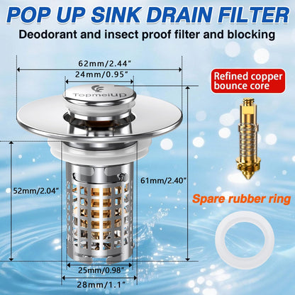Bathroom Sink Stopper, Pop-up Sink Drain Strainer with Removable Stainless Steel Strainer Basket Hair Catcher, Bathroom Sink Strainer for Bathroom Sink Stopper (2PCS)