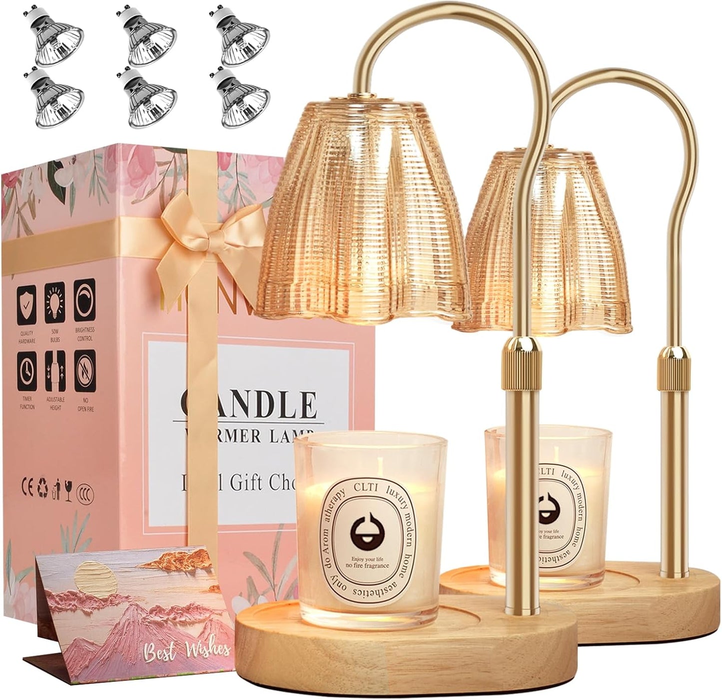 Candle Warmer Lamp with Timer & Dimmer, Candle Warmer Height Adjustable, Fits All Jar Scented Candles, Candle Lamp with 3 Bulbs, Charming Gift Box with Ribbon for Gifting