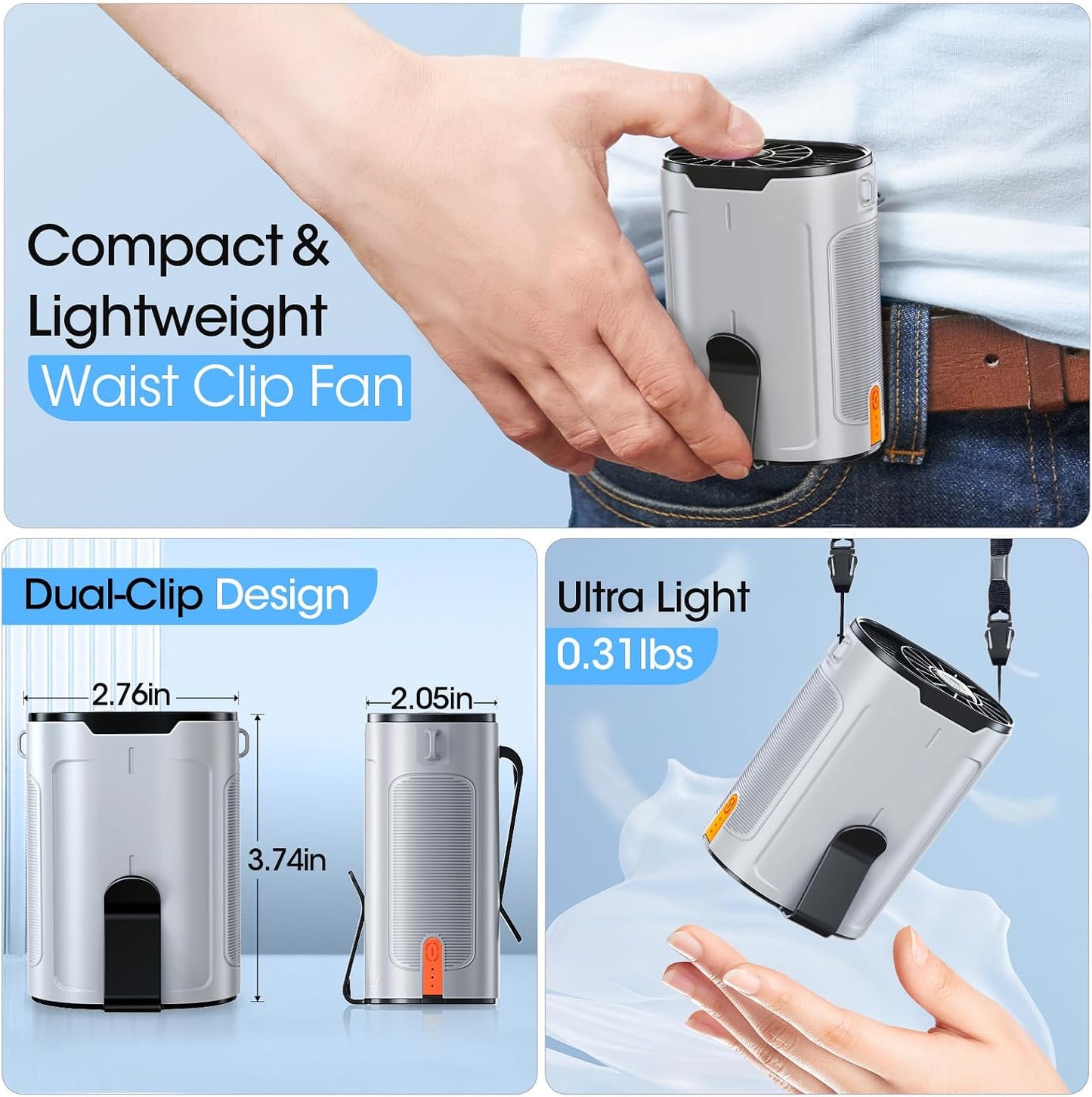 Heelkl 2026 AI Portable Fan Rechargeable, 4-Speed Strong Airflow, Personal Waist Fan with up to 25H of Working Time, Hands-Free Hanging Neck Fan, Wearable Belt Fan for Camping, Outdoor, Jobsite