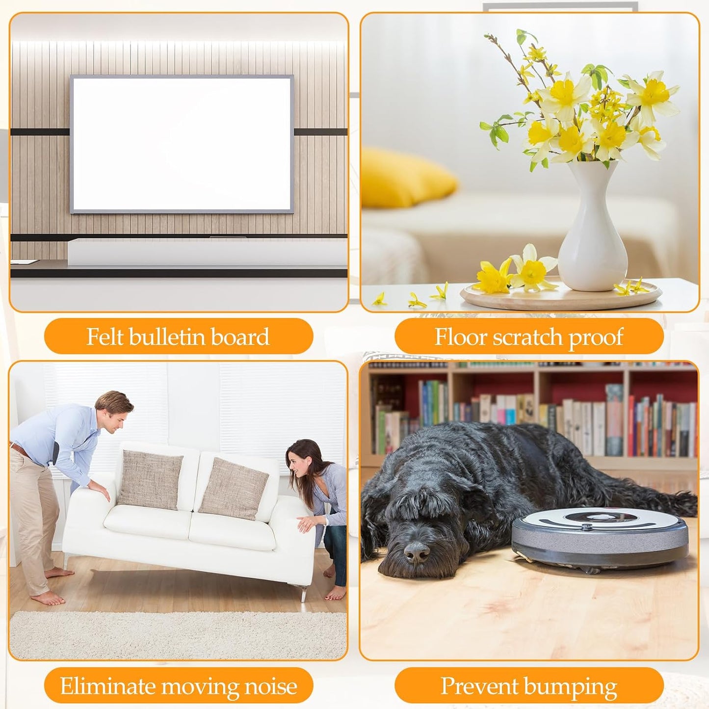 Zonon 4 Rolls 120 Inch Felt Strip with Adhesive Backing Felt Tapes Furniture Strip Rolls Self Stick Heavy Duty Polyester for Protecting Furniture and DIY Adhesive(Black,0.5 Inch)