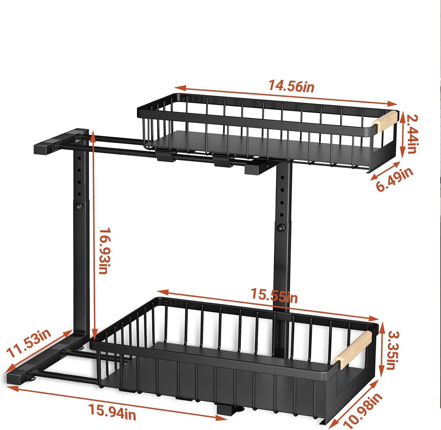 2 Pack Under Sink Organizer, 2 Tier Pull Out Cabinet Organizer with 5-Level Adjustable Height, Sliding Metal Storage Rack for Kitchen Bathroom Pantry, White