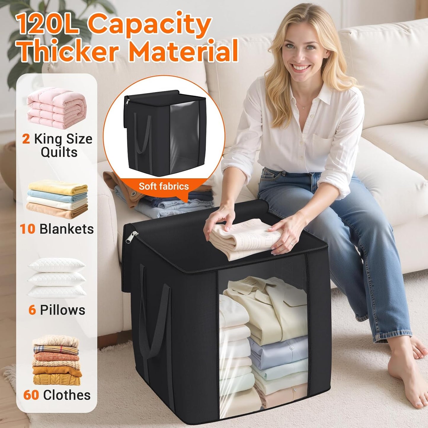 TasticTotes 120L Extra Large Clothes Storage Bags, Foldable Blanket Storage and Organization, Thick Fabric Containers with Reinforced Handles & Zippers for Clothing, Comforters, Bedding, Gray, 1 Pack