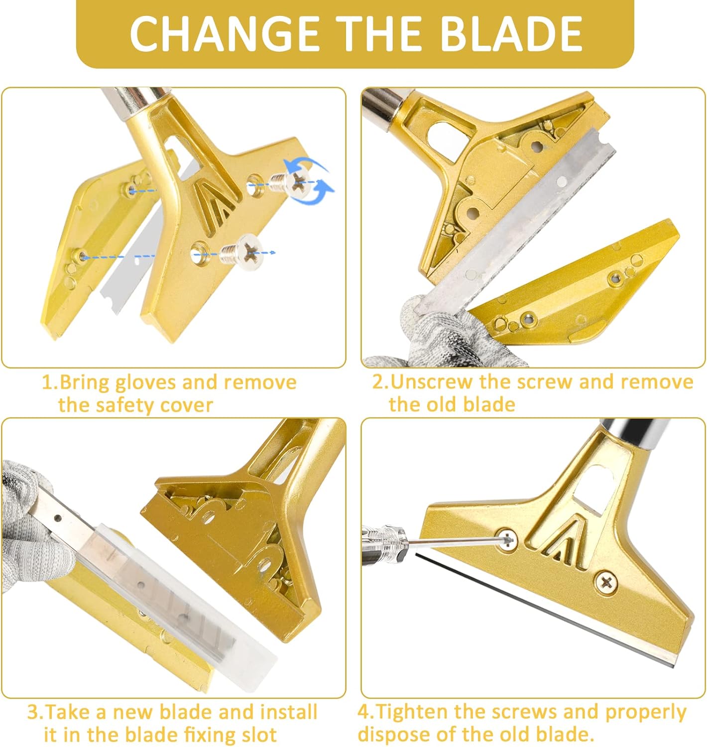 Razor Blade Scraper,Floor Scraper Tool with 20PCS Extra Blades,Paint Scraper Ideal for Cleaning Stove Top,Windows,Glass,Tiles,Wall,Labels.(4 in,Metal) | Heavy-duty,Reinforced aluminum alloy head with a steel shaft