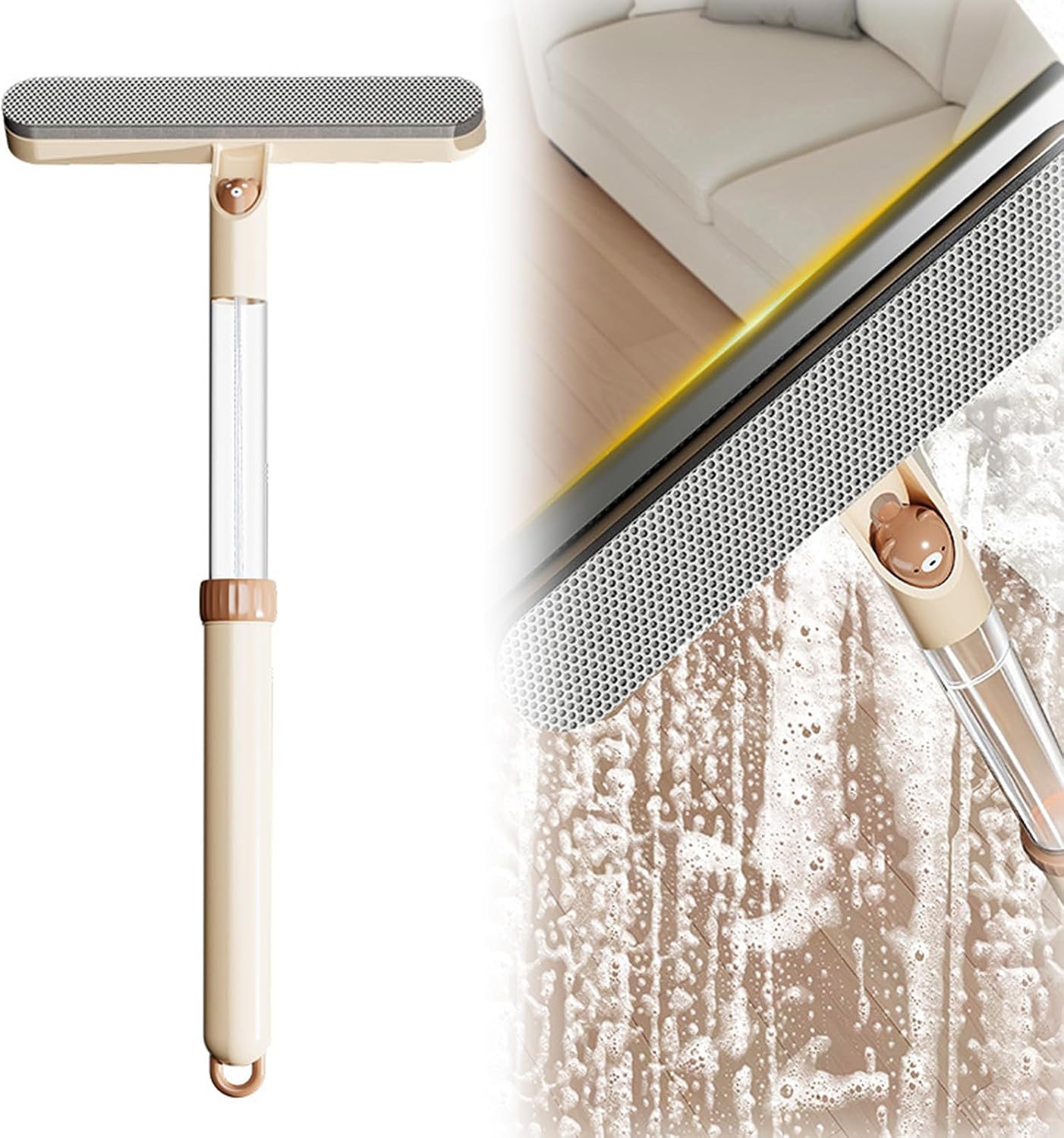 5-in-1 Double-Sided Window Screen Cleaning Brush， Multi-Purpose Cleaning Brush，with Retractable Handle and Built-in Crevice Brush, Dry and Wet Use， for Home, Office & Porch Screens (Khaki)