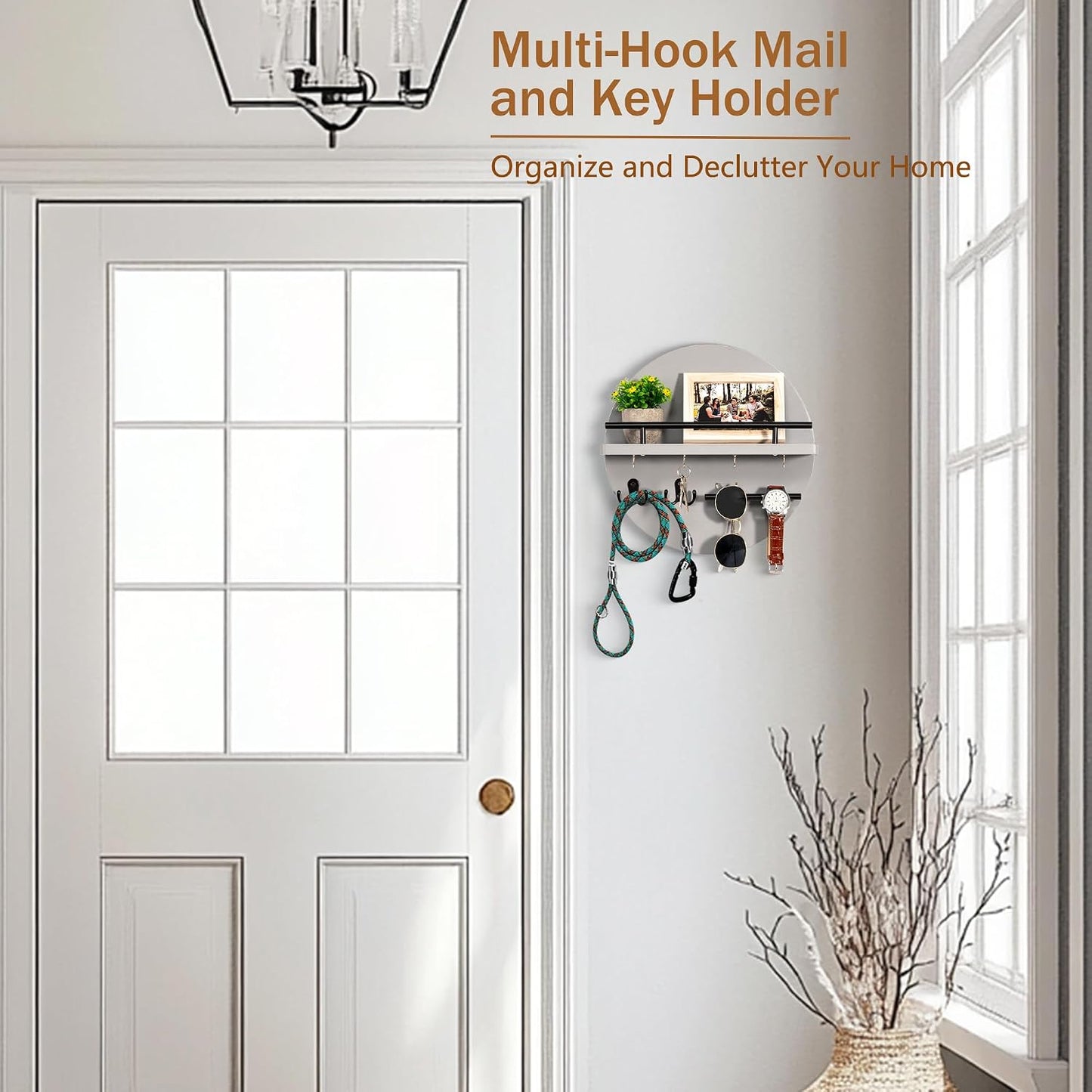 dreampossible Key Holder for Wall Decorative with Shelf and Hooks, Mail Organizer Wall Mount, Circular Design Entryway Key Rack Hanger, Rustic Home Decor (Black)