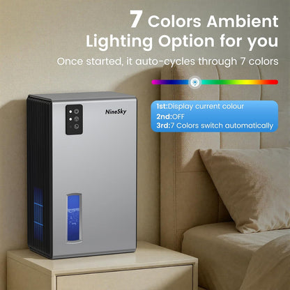 NineSky Dehumidifiers for Home, 1000 Sq.Ft Dehumidifier with 95oz Water Tank, Quiet Dehumidifier for Basement Bathroom Bedroom with 7-Color Ambient Light & Auto Shut Off, Sliver