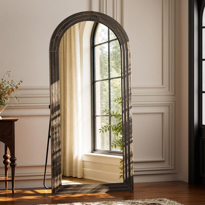 XRAMFY Full Length Mirror 65" x 22", Arched Large Floor Mirror with Solid Wood Frame, Freestanding & Wall Mounted, Antique Brown Finish for Bedroom Living Room