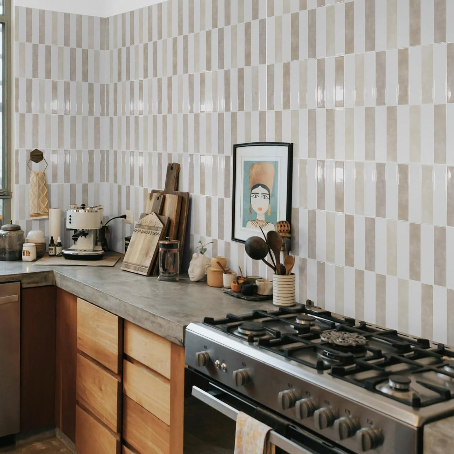LONGKING 10-Sheet Thickened Peel and Stick Subway Tile Backsplash for Kitchen, Vertical Strip Design, Marble Tile, Waterproof Wall Sticker for Kitchen & Bathroom, Beige&White