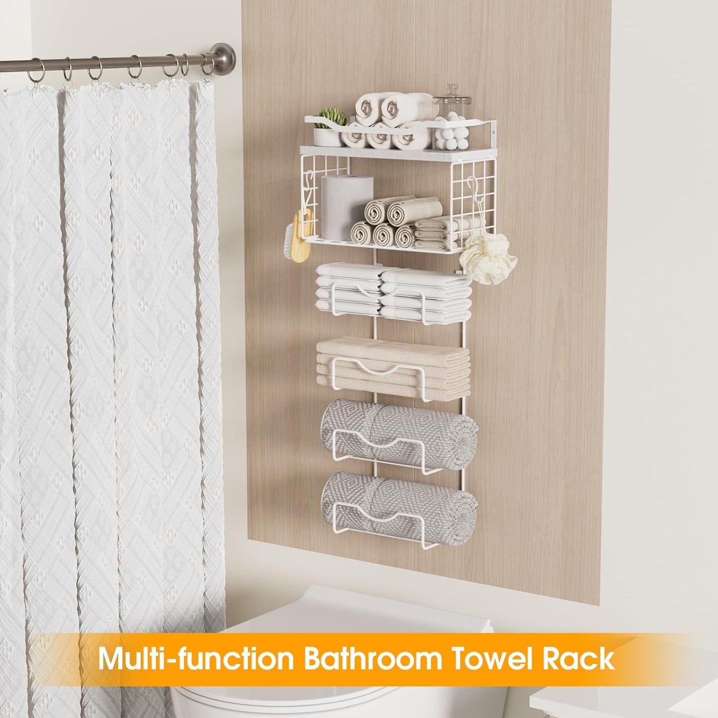 Towel Racks for Bathroom,Towel Rack Wall Mounted, 6 Tier Rolled Or Folded Towel Holder with Floating Shelves, Bathroom Towel Holder for Bath, Hand Towels,Metal and Wood