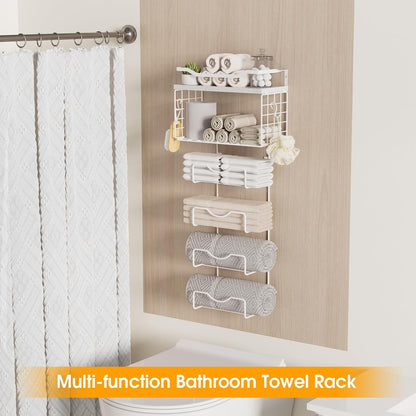 Towel Racks for Bathroom,Towel Rack Wall Mounted, 6 Tier Rolled Or Folded Towel Holder with Floating Shelves, Bathroom Towel Holder for Bath, Hand Towels,Metal and Wood