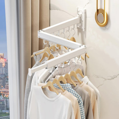 Wall Mounted Tri-Fold Clothes Drying Rack, Heavy Duty Collapsible Laundry Drying Rack, Space-Saving Retractable Foldable Drying Rack Clothes for Laundry Room Balcony Bathroom,Black-Hooks