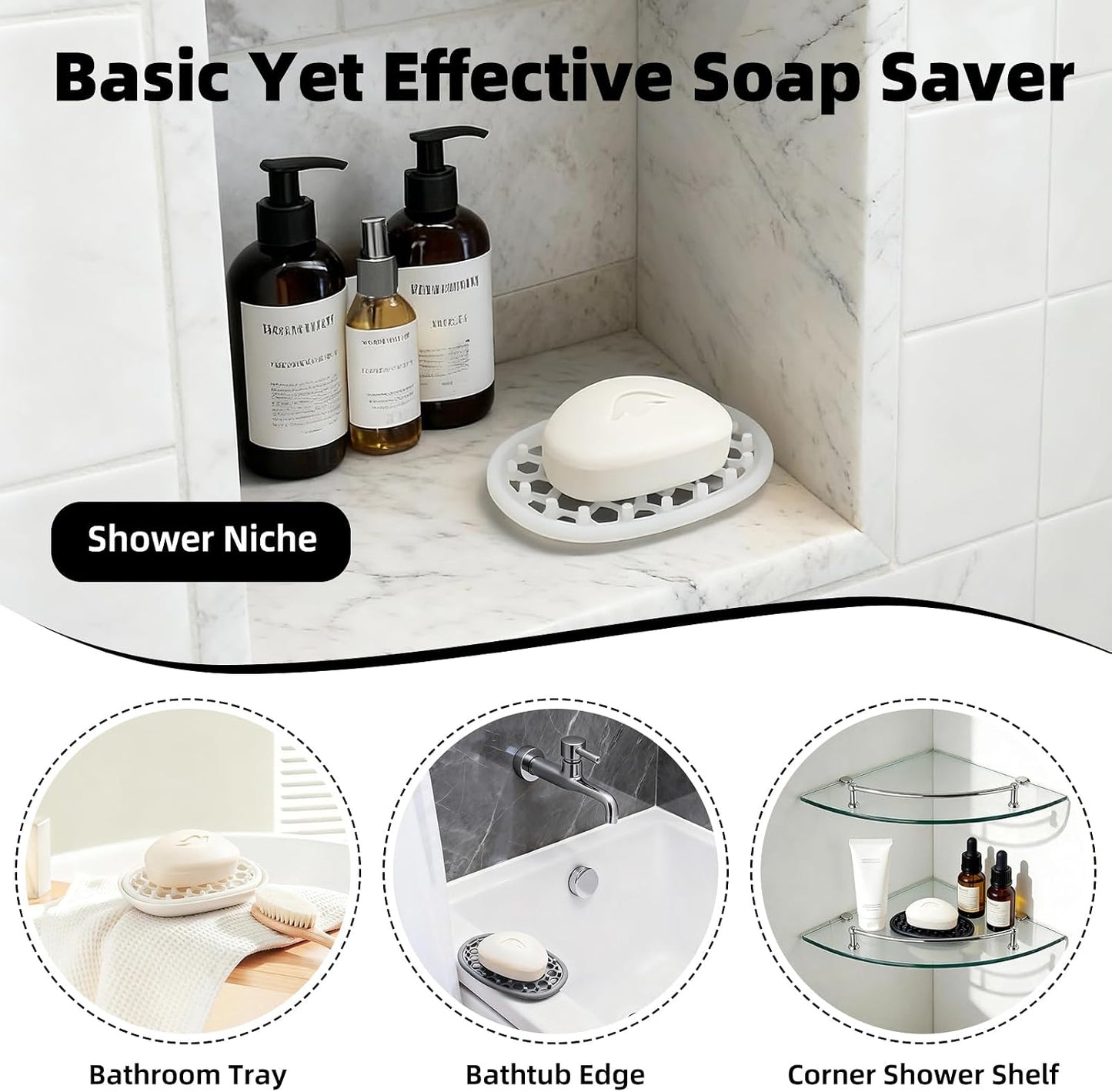 2 Pack Soap Dish for Shower, Non-Slip Silicone Bar Soap Holder with Efficient Drainage Holes for Bathroom Sink, Self Draining Soaps Saver Pad for Shower Niche, Shelf (Translucent- 2Pcs)