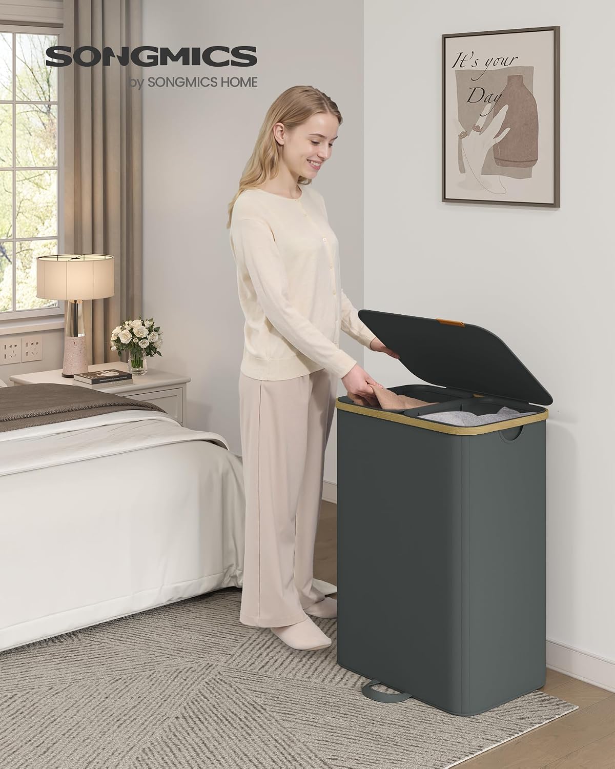 SONGMICS Laundry Hamper, Laundry Sorter with Lid, Storage Basket Bin, Removable Liners, Bamboo Frame, for Bedroom, 3 Sections, 44.9 Gal. (170 L), Ink Black ULCB533BH01